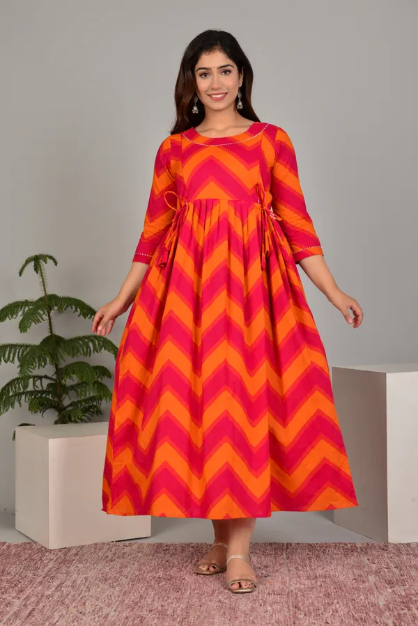 Women'S_Pure_Cotton_Printed_Maternity_Dress_Of_Orange_And_Dark_Pink_Color_|_Comfortable_And_Elegant_Everyday_Wear