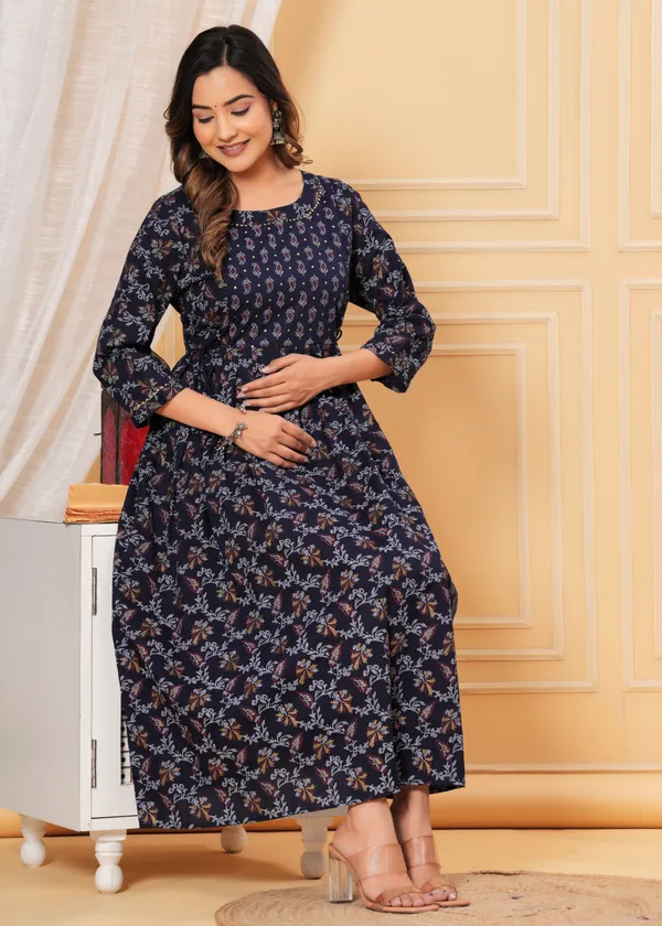 Women'S_Pure_Cotton_Printed_Maternity_Dress_Of_Midnight_Blue_Color_|_Comfortable_And_Elegant_Everyday_Wear