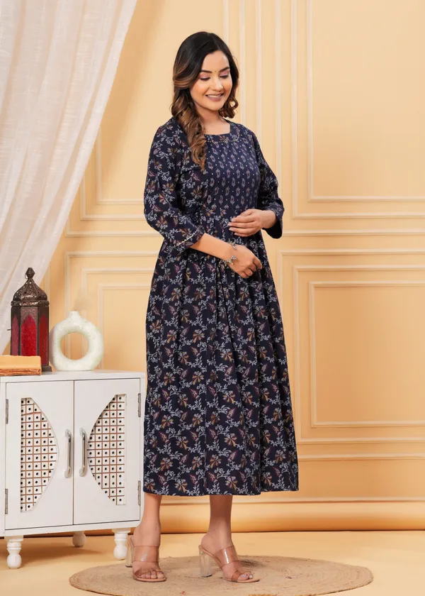 Women'S_Pure_Cotton_Printed_Maternity_Dress_Of_Midnight_Blue_Color_|_Comfortable_And_Elegant_Everyday_Wear