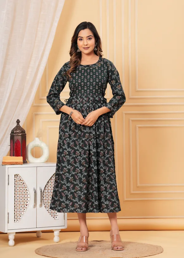Women'S_Pure_Cotton_Printed_Maternity_Dress_Of_Dark_Green_Color_|_Comfortable_And_Elegant_Everyday_Wear