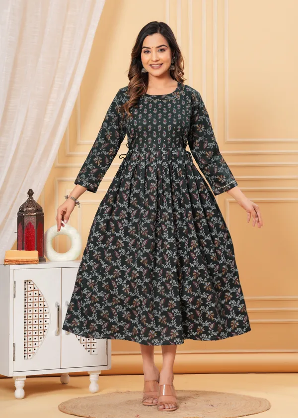 Women'S_Pure_Cotton_Printed_Maternity_Dress_Of_Dark_Green_Color_|_Comfortable_And_Elegant_Everyday_Wear