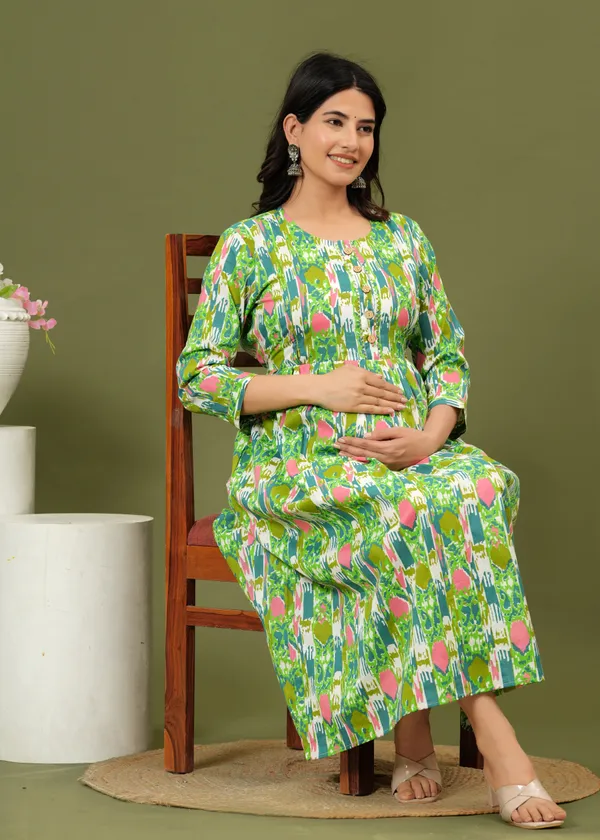 Women'S_Pure_Cotton_Printed_Maternity_Dress_Of_Pale_Green_Color_|_Comfortable_And_Elegant_Everyday_Wear