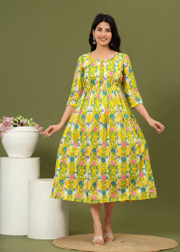 Women'S_Pure_Cotton_Printed_Maternity_Dress_Of_Gold_Yellow_Color_|_Comfortable_And_Elegant_Everyday_Wear