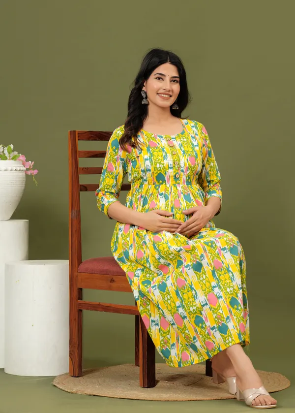 Women'S_Pure_Cotton_Printed_Maternity_Dress_Of_Gold_Yellow_Color_|_Comfortable_And_Elegant_Everyday_Wear