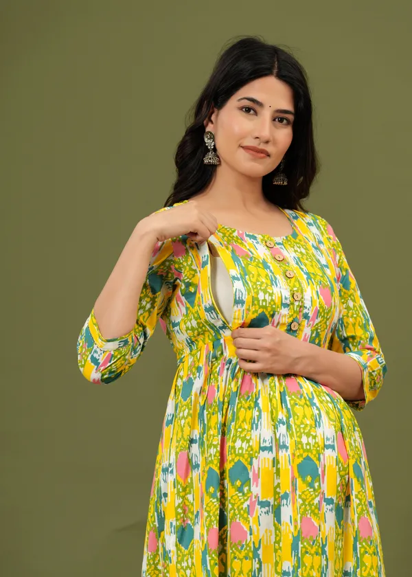 Women'S_Pure_Cotton_Printed_Maternity_Dress_Of_Gold_Yellow_Color_|_Comfortable_And_Elegant_Everyday_Wear