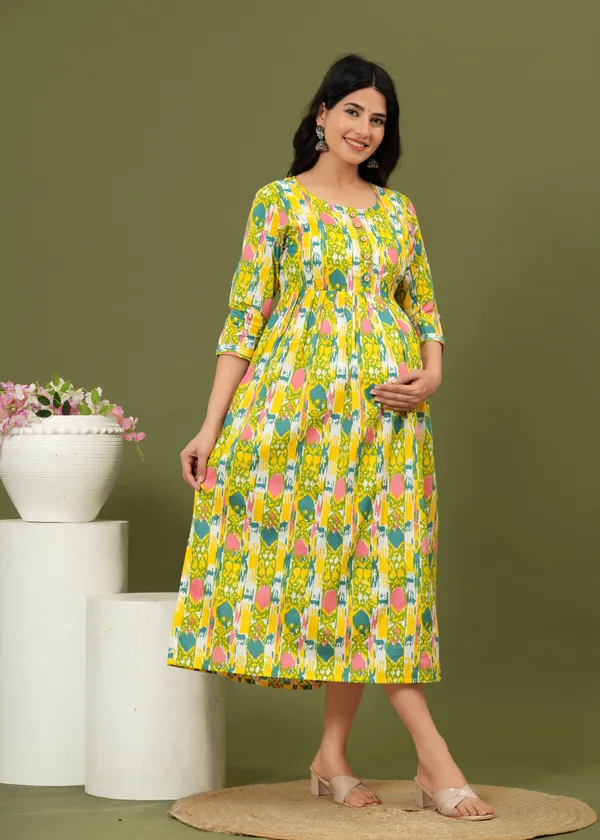 Women'S_Pure_Cotton_Printed_Maternity_Dress_Of_Gold_Yellow_Color_|_Comfortable_And_Elegant_Everyday_Wear