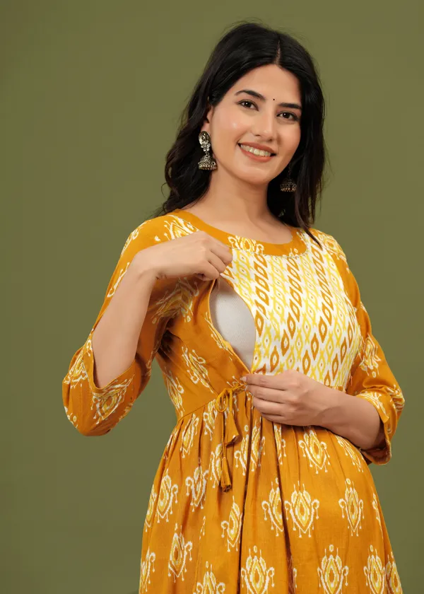 Women'S_Pure_Cotton_Printed_Maternity_Dress_Of_Amber_Mustard_Color_|_Comfortable_And_Elegant_Everyday_Wear