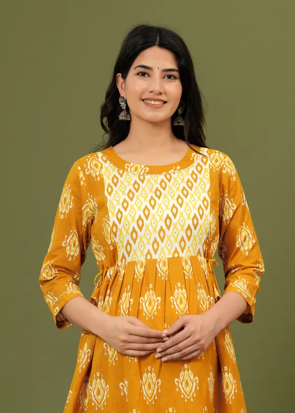 Women'S_Pure_Cotton_Printed_Maternity_Dress_Of_Amber_Mustard_Color_|_Comfortable_And_Elegant_Everyday_Wear