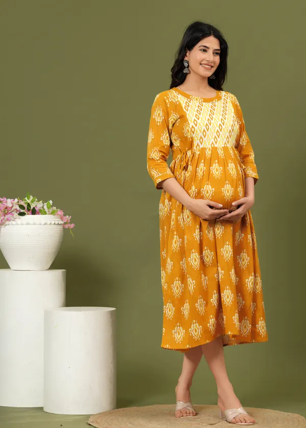 Women'S_Pure_Cotton_Printed_Maternity_Dress_Of_Amber_Mustard_Color_|_Comfortable_And_Elegant_Everyday_Wear