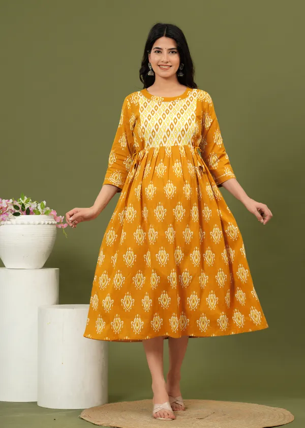 Women'S_Pure_Cotton_Printed_Maternity_Dress_Of_Amber_Mustard_Color_|_Comfortable_And_Elegant_Everyday_Wear