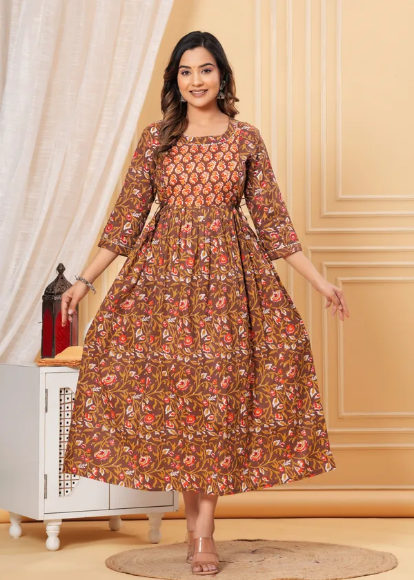 Women'S_Pure_Cotton_Printed_Maternity_Dress_Of_Cognac_Brown_Color_|_Comfortable_And_Elegant_Everyday_Wear