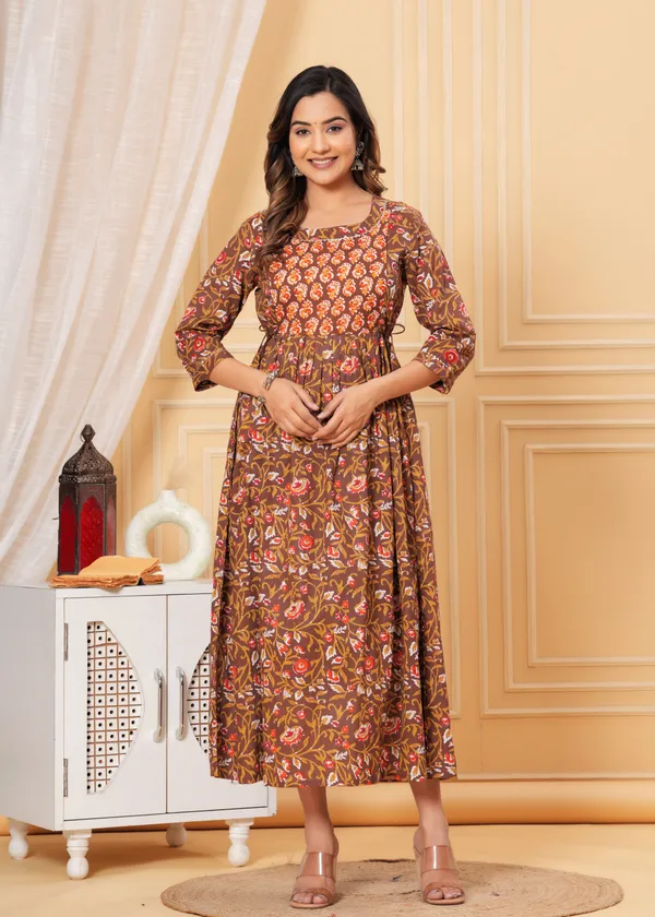 Women'S_Pure_Cotton_Printed_Maternity_Dress_Of_Cognac_Brown_Color_|_Comfortable_And_Elegant_Everyday_Wear