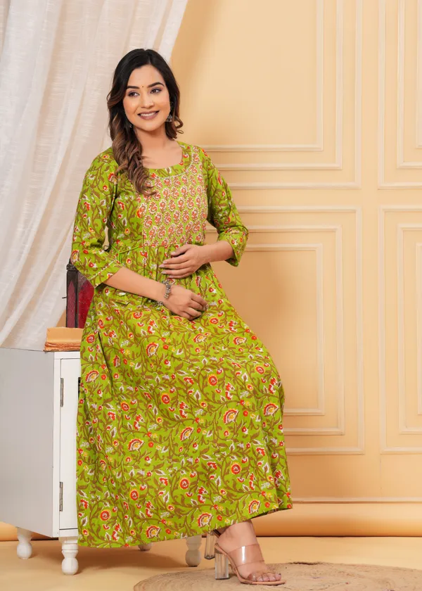 Women'S_Pure_Cotton_Printed_Maternity_Dress_Of_Olive_Green_Color_|_Comfortable_And_Elegant_Everyday_Wear