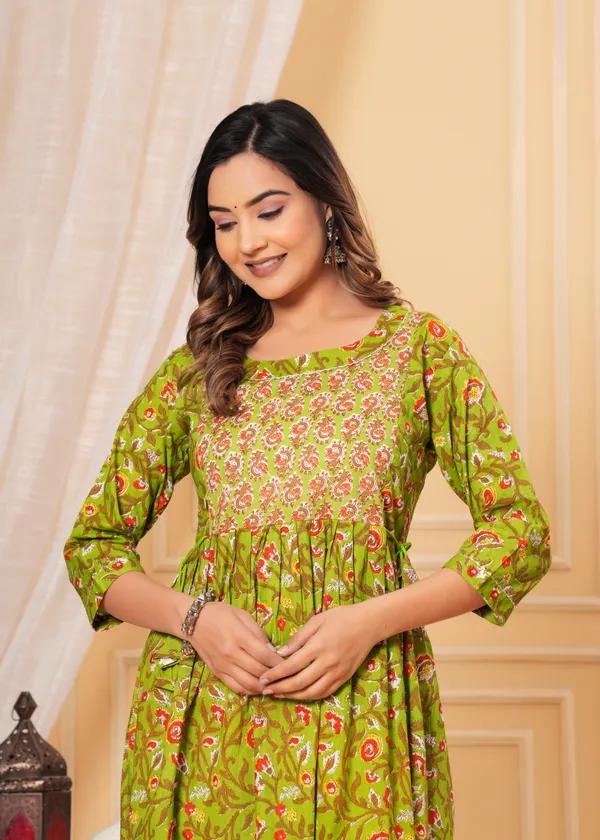 Women'S_Pure_Cotton_Printed_Maternity_Dress_Of_Olive_Green_Color_|_Comfortable_And_Elegant_Everyday_Wear