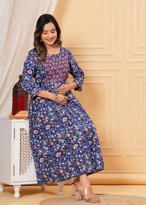 Women'S_Pure_Cotton_Printed_Maternity_Dress_Of_Blue_Color_|_Comfortable_And_Elegant_Everyday_Wear