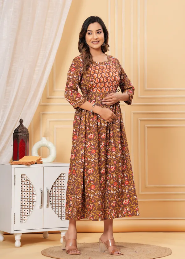 Women'S_Pure_Cotton_Printed_Maternity_Dress_Of_Brown_And_Red_Color_|_Comfortable_And_Elegant_Everyday_Wear