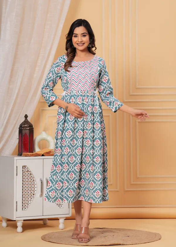 Women'S_Pure_Cotton_Printed_Maternity_Dress_Of_Blue_And_Red_Color_|_Comfortable_And_Elegant_Everyday_Wear