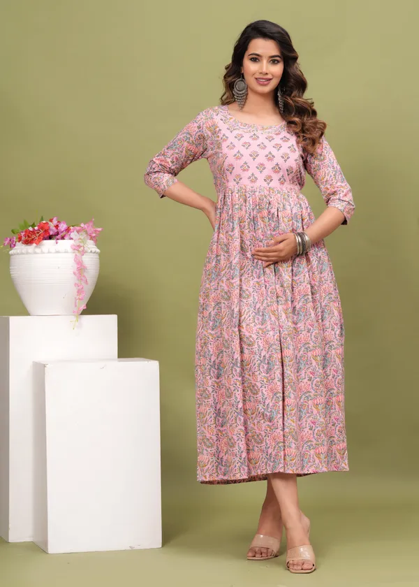 Women'S_Pure_Cotton_Printed_Maternity_Dress_Of_Light_Pink_Color_|_Comfortable_And_Elegant_Everyday_Wear
