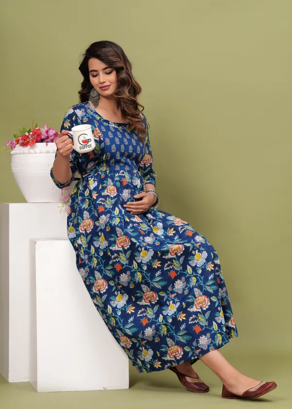 Women'S_Pure_Cotton_Printed_Maternity_Dress_Of_Blue_And_White_Color_|_Comfortable_And_Elegant_Everyday_Wear