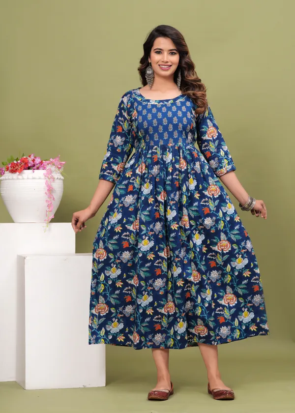 Women'S_Pure_Cotton_Printed_Maternity_Dress_Of_Blue_And_White_Color_|_Comfortable_And_Elegant_Everyday_Wear