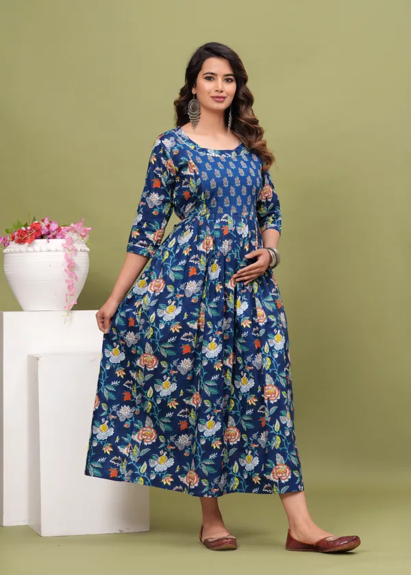Women'S_Pure_Cotton_Printed_Maternity_Dress_Of_Blue_And_White_Color_|_Comfortable_And_Elegant_Everyday_Wear