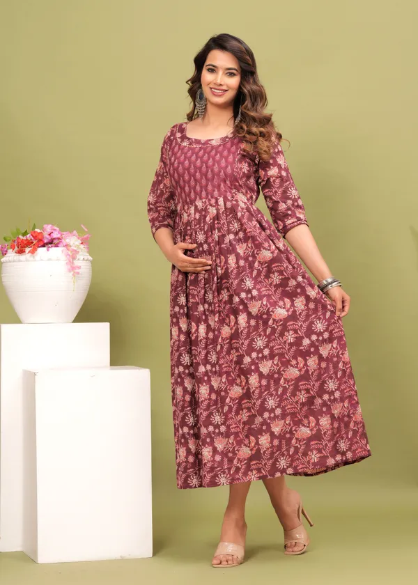 Women'S_Pure_Cotton_Printed_Maternity_Dress_Of_Light_Wine_Color_|_Comfortable_And_Elegant_Everyday_Wear