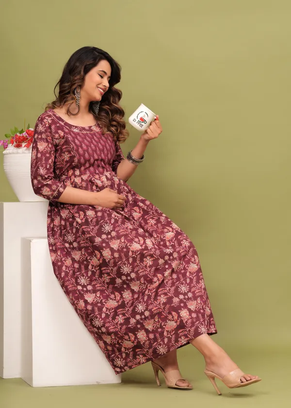 Women'S_Pure_Cotton_Printed_Maternity_Dress_Of_Light_Wine_Color_|_Comfortable_And_Elegant_Everyday_Wear