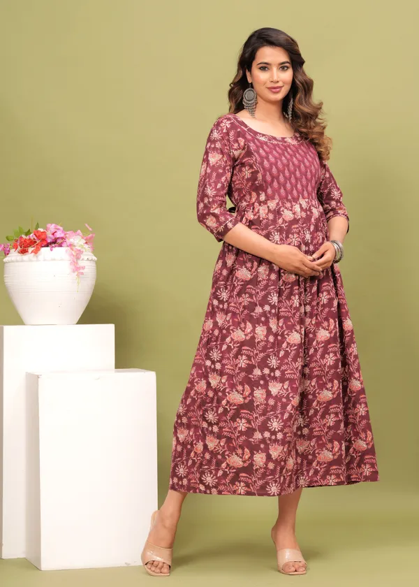 Women'S_Pure_Cotton_Printed_Maternity_Dress_Of_Light_Wine_Color_|_Comfortable_And_Elegant_Everyday_Wear