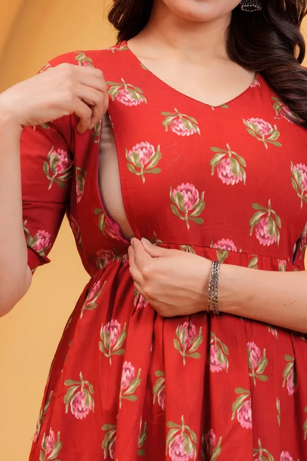 Women's_Pure_Cotton_Printed_Maternity_Kurti_of_Dark_Red_Color_|_Comfortable_&_Elegant_Everyday_Wear