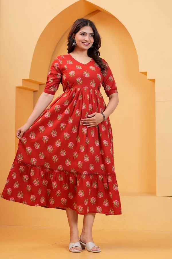 Women's_Pure_Cotton_Printed_Maternity_Kurti_of_Dark_Red_Color_|_Comfortable_&_Elegant_Everyday_Wear