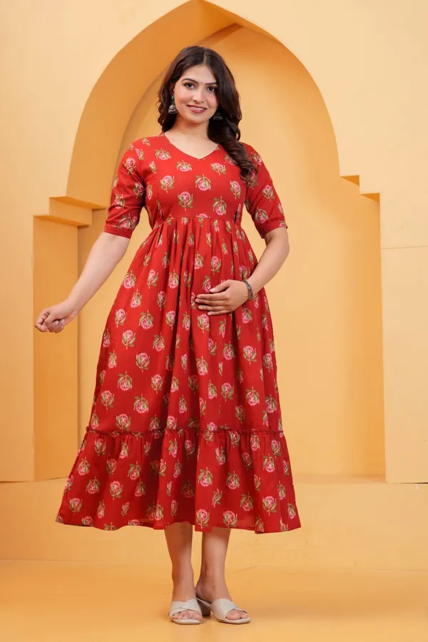 Women's_Pure_Cotton_Printed_Maternity_Kurti_of_Dark_Red_Color_|_Comfortable_&_Elegant_Everyday_Wear