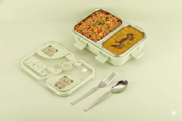 Green_Premium_Bear_Family_Kids_Lunch_Box_With_Fork_&_Spoon_,_Bpa-Free_Airtight_Tiffin_With_2_Compartments_&_Leakproof_Lid_,_Durable_Microwave-Safe_&_Freezer-Safe_Food_Storage_Box_,_Cute_Cartoon_Design_For_School,_Picnic_&_Travel