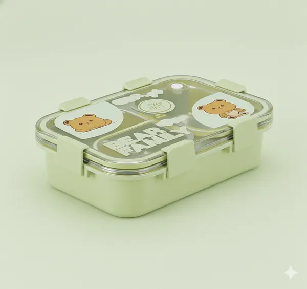 Green_Premium_Bear_Family_Kids_Lunch_Box_With_Fork_&_Spoon_,_Bpa-Free_Airtight_Tiffin_With_2_Compartments_&_Leakproof_Lid_,_Durable_Microwave-Safe_&_Freezer-Safe_Food_Storage_Box_,_Cute_Cartoon_Design_For_School,_Picnic_&_Travel