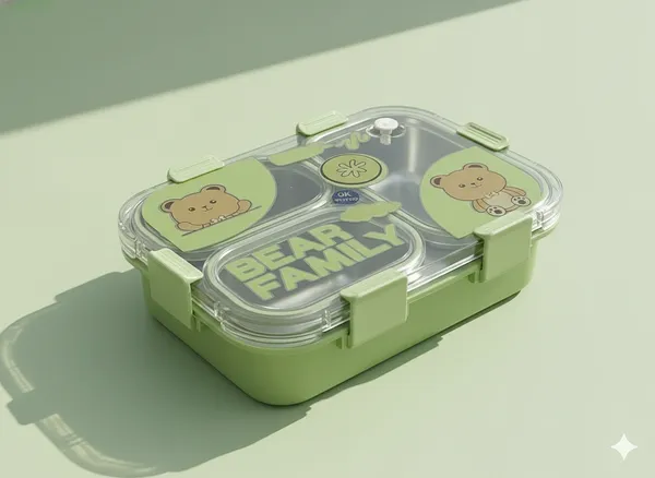 Green_Premium_Bear_Family_Kids_Lunch_Box_With_Fork_&_Spoon_,_Bpa-Free_Airtight_Tiffin_With_3_Compartments_&_Leakproof_Lid_,_Durable_Microwave-Safe_&_Freezer-Safe_Food_Storage_Box_,_Cute_Cartoon_Design_For_School,_Picnic_&_Travel