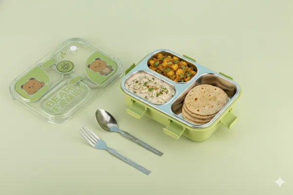 Green_Premium_Bear_Family_Kids_Lunch_Box_With_Fork_&_Spoon_,_Bpa-Free_Airtight_Tiffin_With_3_Compartments_&_Leakproof_Lid_,_Durable_Microwave-Safe_&_Freezer-Safe_Food_Storage_Box_,_Cute_Cartoon_Design_For_School,_Picnic_&_Travel