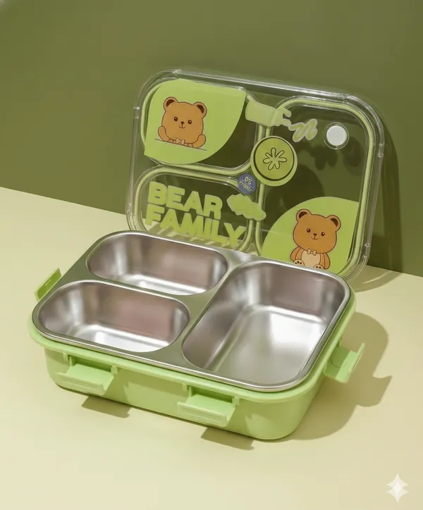 Green_Premium_Bear_Family_Kids_Lunch_Box_With_Fork_&_Spoon_,_Bpa-Free_Airtight_Tiffin_With_3_Compartments_&_Leakproof_Lid_,_Durable_Microwave-Safe_&_Freezer-Safe_Food_Storage_Box_,_Cute_Cartoon_Design_For_School,_Picnic_&_Travel