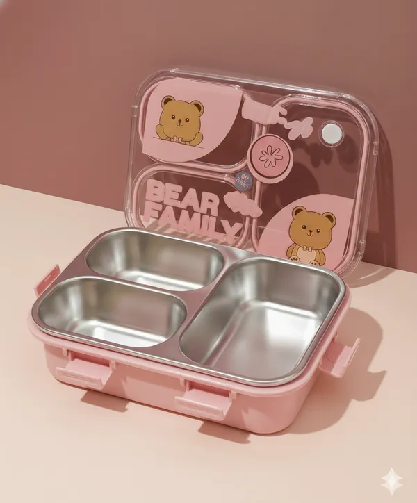 Pink_Premium_Bear_Family_Kids_Lunch_Box_With_Fork_&_Spoon_,_Bpa-Free_Airtight_Tiffin_With_3_Compartments_&_Leakproof_Lid_,_Durable_Microwave-Safe_&_Freezer-Safe_Food_Storage_Box_,_Cute_Cartoon_Design_For_School,_Picnic_&_Travel