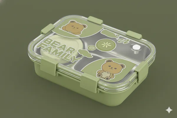 Green_Premium_Bear_Family_Kids_Lunch_Box_With_Fork_&_Spoon_,_Bpa-Free_Airtight_Tiffin_With_3_Compartments_&_Leakproof_Lid_,_Durable_Microwave-Safe_&_Freezer-Safe_Food_Storage_Box_,_Cute_Cartoon_Design_For_School,_Picnic_&_Travel