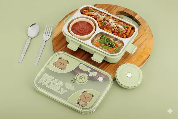 Green_Premium_Bear_Family_Kids_Lunch_Box_With_Fork_&_Spoon_,_Bpa-Free_Airtight_Tiffin_With_3_Compartments_&_Leakproof_Lid_,_Durable_Microwave-Safe_&_Freezer-Safe_Food_Storage_Box_,_Cute_Cartoon_Design_For_School,_Picnic_&_Travel
