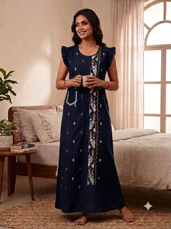 Navy_Blue_Embroidered_Sleeveless_Maxi_Nighty_For_Women