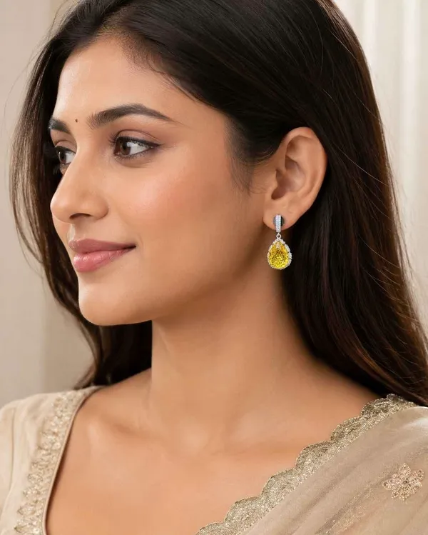 Yellow_Stone_And_Silver_Teardrop_Dangle_Earrings_For_Women