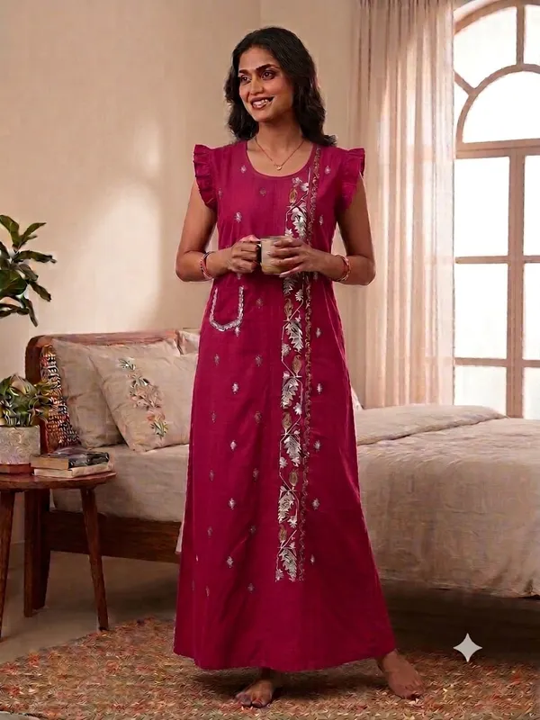 Maroon_Cotton_Embroidered_Ruffle_Sleeve_Nighty_For_Women