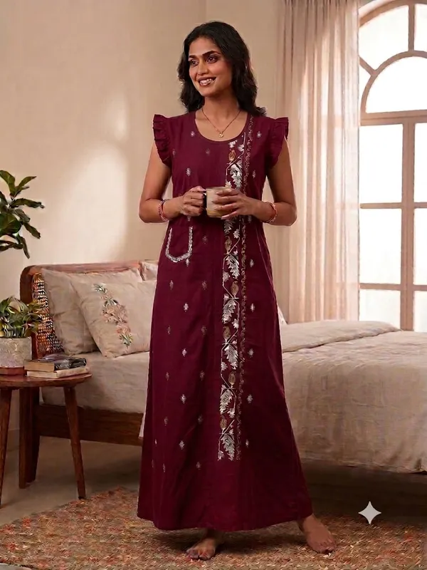 Maroon_Cotton_Embroidered_Flutter_Sleeve_Nighty_For_Women