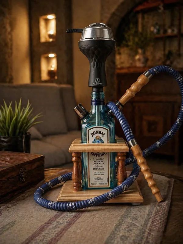 Bombay_Sapphire_Bottle_Hookah_|_Handcrafted_Wooden_Stand_Long:_2nd_Life_Recyclables_|_Upcycled_Bombay_Sapphire_Hookah_|_Wood_Stand_|_Artisan_Made