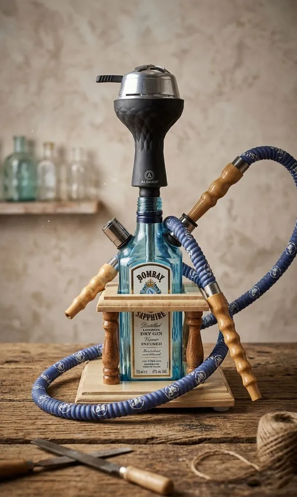 Bombay_Sapphire_Bottle_Hookah_|_Handcrafted_Wooden_Stand_Long:_2nd_Life_Recyclables_|_Upcycled_Bombay_Sapphire_Hookah_|_Wood_Stand_|_Artisan_Made