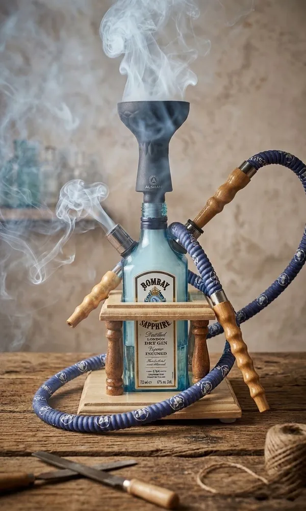 Bombay_Sapphire_Bottle_Hookah_|_Handcrafted_Wooden_Stand_Long:_2nd_Life_Recyclables_|_Upcycled_Bombay_Sapphire_Hookah_|_Wood_Stand_|_Artisan_Made