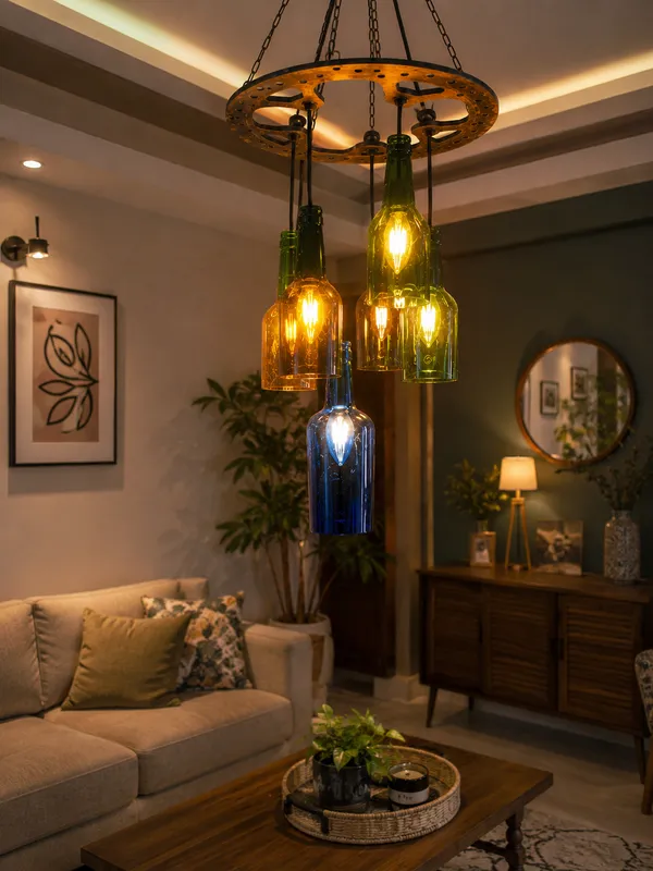 Upcycled_Multicolor_Bottle_Chandelier_Lamp_–_5_Bottle_Hanging_Light