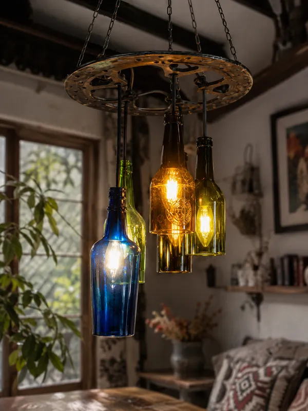 Upcycled_Multicolor_Bottle_Chandelier_Lamp_–_5_Bottle_Hanging_Light