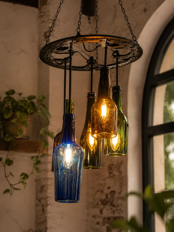 Upcycled_Multicolor_Bottle_Chandelier_Lamp_–_5_Bottle_Hanging_Light