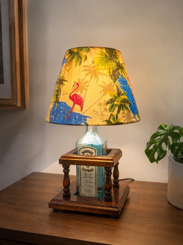 Upcycled_Bombay_Sapphire_Bottle_Lamp_with_Wooden_Stand